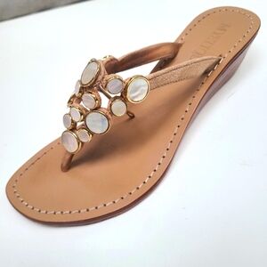 MYSTIQUE BOUTIQUE Wedge Thong Neutral And Pearl Button Low Heel Sandal 10